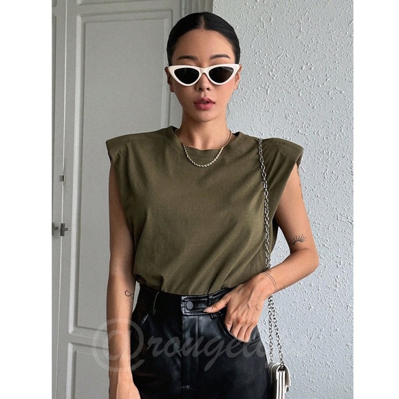 Cotton Padded Shoulders Army Green Muscle Tee Shirt Crew Neck - Picture 8 of 9